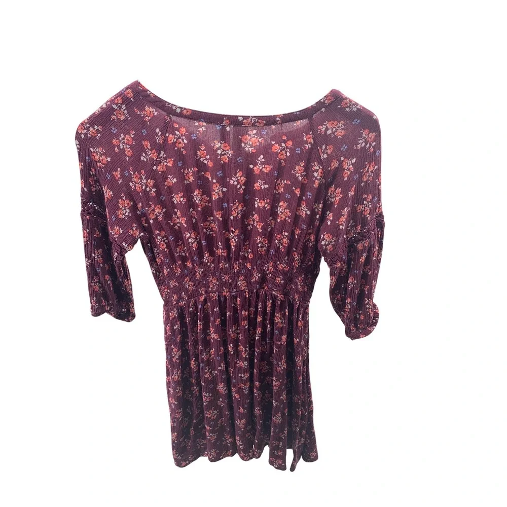 Justice Girls Floral Smocked Waist Boho Dress Burgundy Crochet Sleeve Size 8